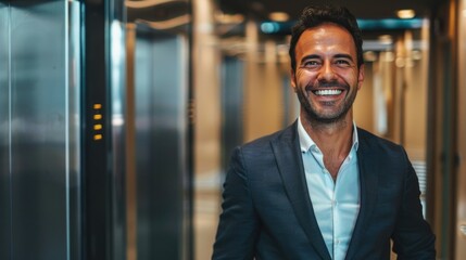 A businessman smiling in a modern elevator