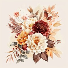 Trendy watercolor autumn flowers wedding bouquet. Beautiful fall floral background. Warm beige, orange, red, burgundy, gold, brown, rust.
