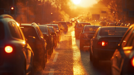 Traffic jam in the city during sunset, with cars lined up and the golden light creating a dramatic atmosphere.