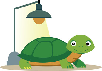 Adorable cartoon turtle smiling under a lamp in a minimalistic and colorful illustration. Ideal for children's content and educational materials.