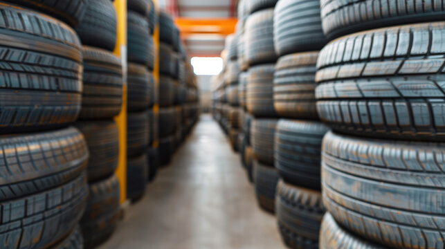 Wide-angle view of a tires warehouse with neatly stacked rows of new tires, showcasing an organized inventory in a modern storage facility.
