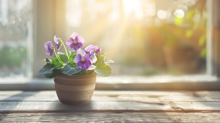 A vibrant African violet blooms in a pot, capturing the warm glow of the morning sun