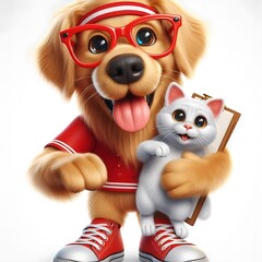 Fototapeta premium Adorable Cartoon Labrador and Golden Retriever Puppy Mascot with Glasses and Red Sneakers