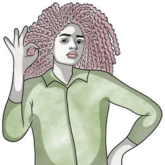 Woman with braided,Raise your hand to show "Ok" sign.Hand drawn,Creative with illustration in flat design,watercolor.