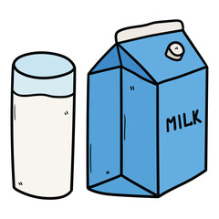 Hand drawn cartoon glass and milk carton on white background.