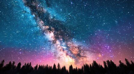Fototapeta premium Stunning view of the Milky Way galaxy at night with vibrant colors, framed by a silhouette of trees below, depicting the beauty of the cosmos.