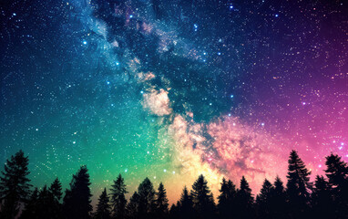 Naklejka premium Vibrant night sky with spectacular galaxies and stars above silhouetted trees in a breathtaking forest. A stunning visual of the cosmos and natural beauty.