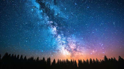 Fototapeta premium A stunning night sky with a colorful Milky Way galaxy illuminating the forest silhouette. Starry sky and cosmic wonder create a mesmerizing view.