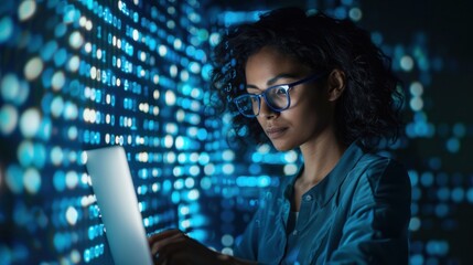 Woman working on a secure laptop in a digital privacy-focused workspace, digital privacy, data protection