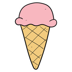 Hand drawn cartoon strawberry ice cream in waffle cone on white background.