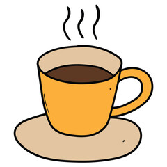 Hand drawn cartoon tea cup and saucer on white background.