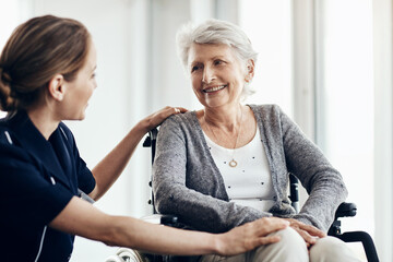 Help, nurse and senior woman in wheelchair for assistance, support or medical care in retirement...
