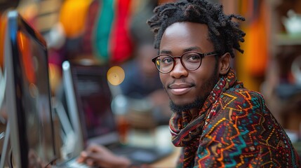 Obraz premium A man with glasses and dreadlocks is sitting in front of a computer