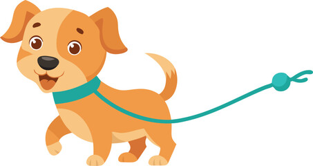 Adorable cartoon puppy on a blue leash. The dog is walking happily, showcasing a joyful and playful demeanor.