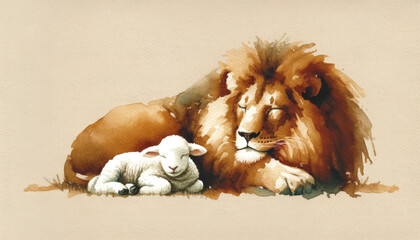 Watercolor illustration of lion with a baby lamb, sleeping.