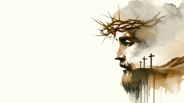 Digital portrait of Jesus Christ with crown of thorns on white background. Double exposure with three crosses.