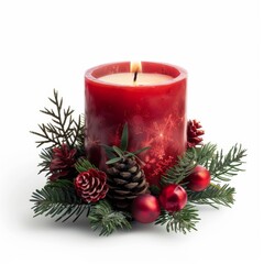 A high-quality stock image of a Christmas candle on a white isolated background. The candle is beautifully decorated, emitting a warm, festive glow. AI generation.