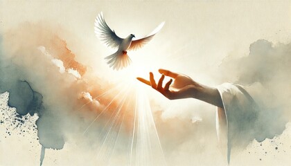 Conceptual image of a dove flying in the air, over a hand reaching for light.