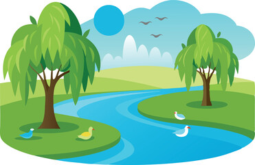 Naklejka premium Illustration of a calm riverside scene featuring trees, ducks in the water, and a clear blue sky with birds.