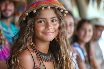 Fototapeta premium Young Girl Wearing Colorful Hat and Jewelry Smiles in Outdoor Setting