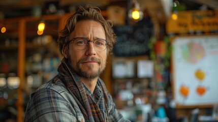 Fototapeta premium A man with glasses is sitting at a table in a bar