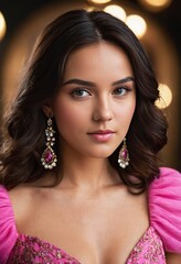 beautiful young woman in a floral pink dress, perfect for fashion 