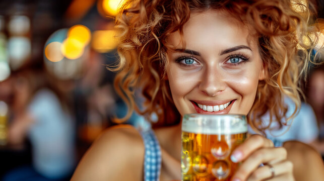 Happy woman with red curly hair in an outdoor pub, holding a large beer mug and celebrating Oktoberfest with a joyful crowd. - Powered by Adobe