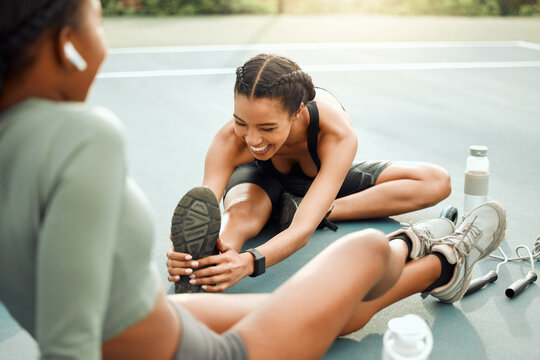 Sports court, women and people with fitness, stretching and training for wellness, workout and time together. Friends, outdoor or girls with conversation, support and exercise with smile or routine