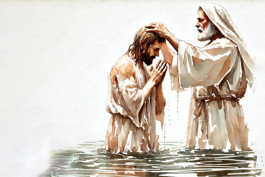 John the Baptist baptizes Jesus in the Jordan. Digital painting on white background, copy space.