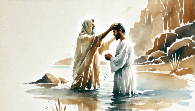 John the Baptist baptizes Jesus in the Jordan river. Digital painting.