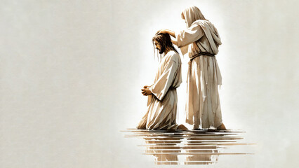 John the Baptist baptizes Jesus. Digital paintingon white background. Copy space.