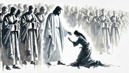Kneeling woman touches Jesus. Watercolor digital painting. Black and white.
