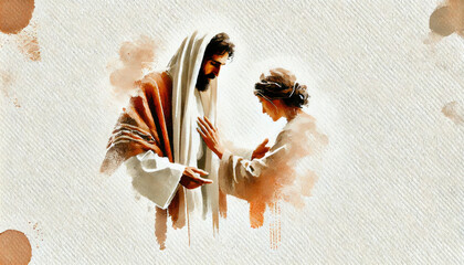 Woman touches Jesus. Watercolor digital painting on white background.