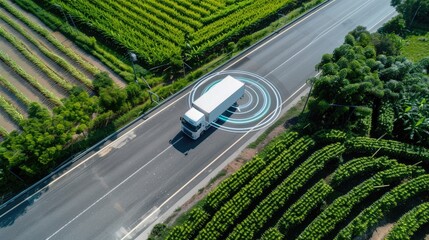 A white semi-truck with a gray trailer drives down a highway, with blue, circular, safety features displayed on the road surface around it
