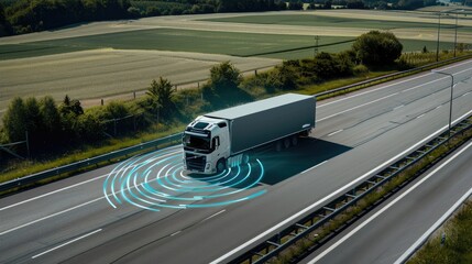 A white semi-truck with a gray trailer drives down a highway, with blue, circular, safety features displayed on the road surface around it