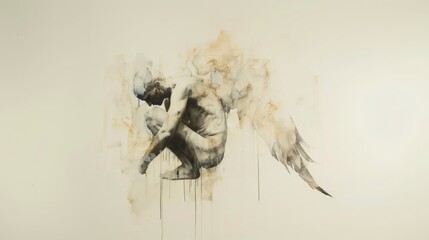 Angel with white wings sitting on the ground.