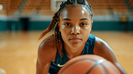 Determined African girl playing basketball on an indoor court, showcasing athleticism and concentration in a competitive game.