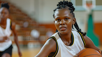 African girl practicing basketball on an indoor court, demonstrating her commitment and athletic ability.