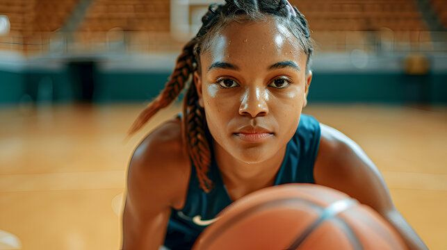 Determined African girl playing basketball on an indoor court, showcasing athleticism and concentration in a competitive game.