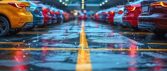 The car is parked in an outdoor parking lot with a single lane split in the middle for passing cars.