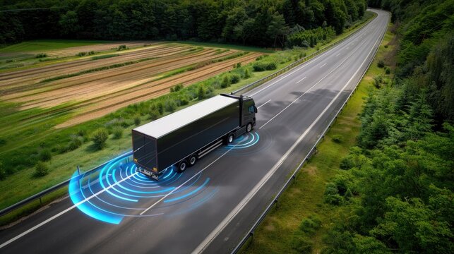 A white semi-truck with a gray trailer drives down a highway, with blue, circular, safety features displayed on the road surface around it