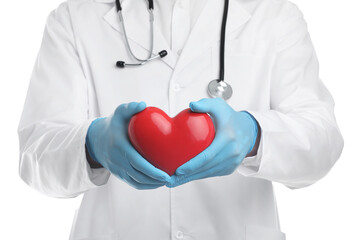 Doctor with red heart isolated on white, closeup