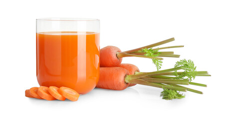 Healthy carrot juice in glass and fresh vegetables isolated on white