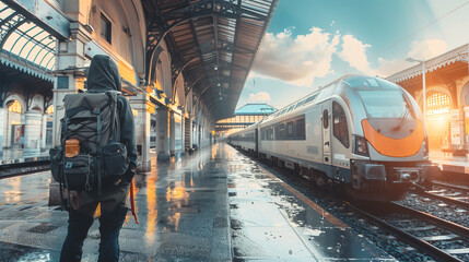 Traveler is waiting for the train in a railway station at sunset