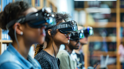 University students in a tech lab, exploring augmented reality using VR headsets. They are immersed in a collaborative project, analyzing virtual 3D models and data. The lab is equipped with 