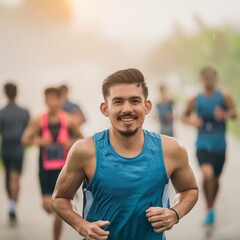 A young laughing 18 years muscular man running in marathon