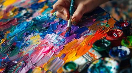 Fototapeta premium A close-up of a student's hands painting a canvas with bright colors, focusing on brushstrokes and blending techniques. The canvas is partially covered with a vibrant design, with paint tubes 