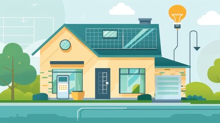 Modern eco-friendly house illustration showcasing solar panels and energy-efficient features, ideal for sustainability and green living concepts.