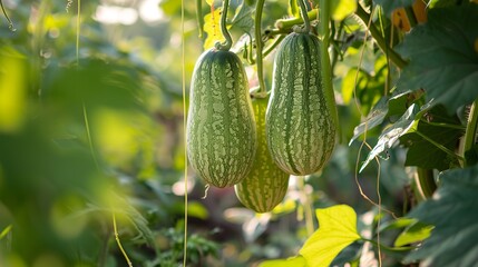 Bitter green melons, also known as bitter gourd or bitter squash, hang from trees in a vegetable farm. These fresh, ripe melons are ready for harvest amidst the garden greenery.