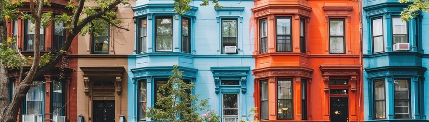 Obraz premium Vibrant row of colorful townhouses with brown, blue, and red facades. Urban architecture with large windows and ornate details.